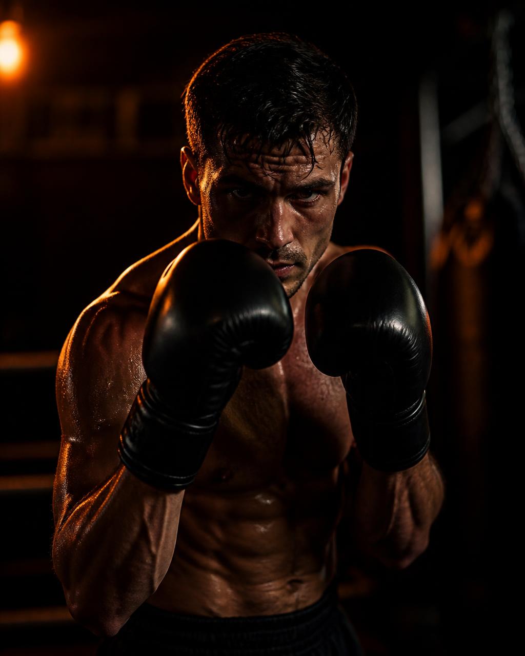 Boxer in guard position in a dark gym, treated by DL Performance Therapy in Bethnal Green