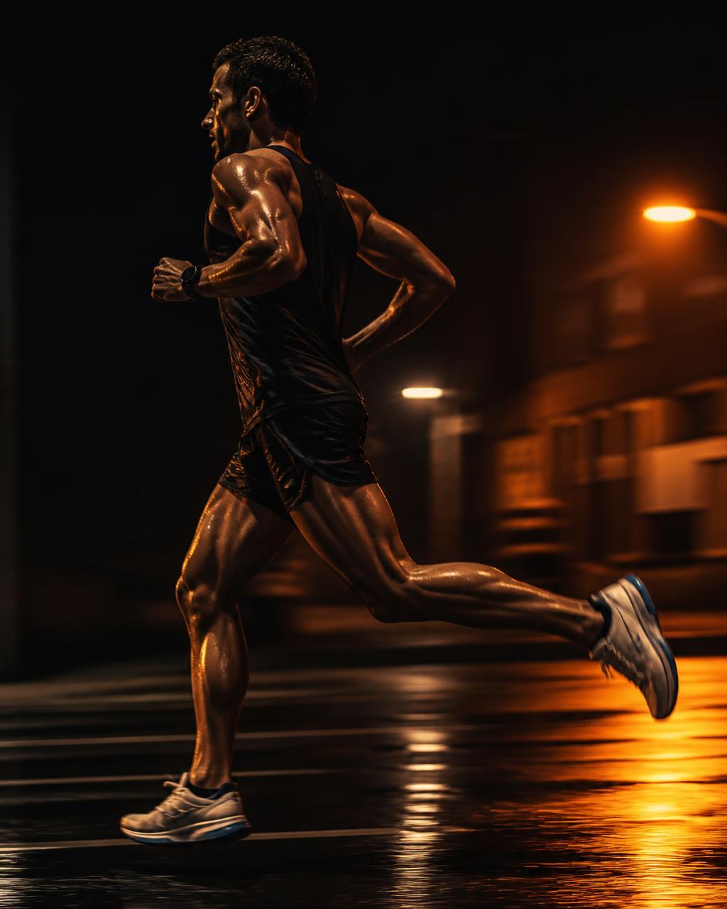 Distance runner mid-stride on a wet city road at dusk, running recovery at DL Performance Therapy