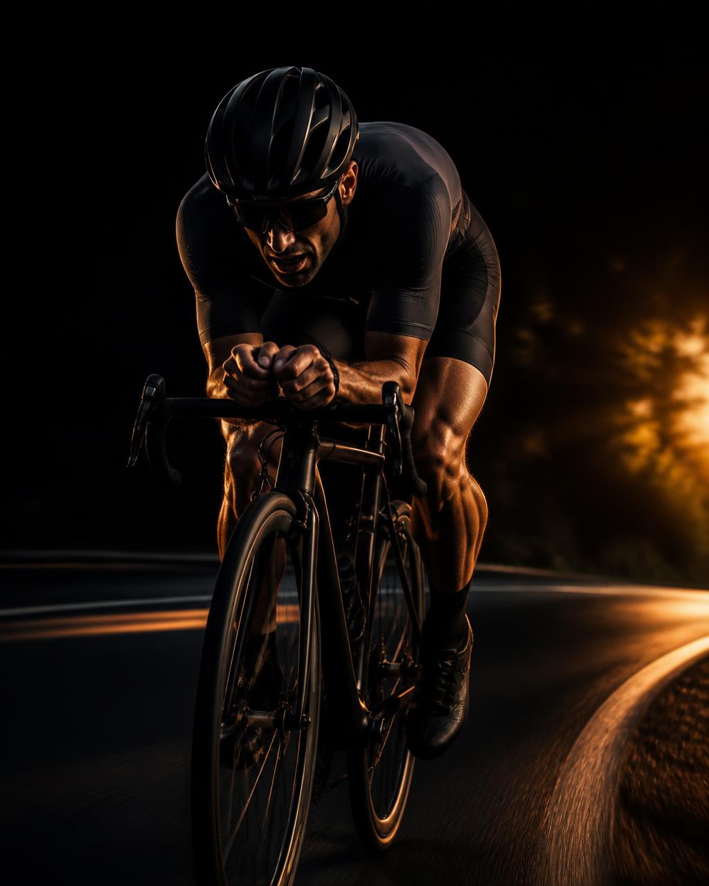Road cyclist in aero position at dusk, cycling recovery treatment at DL Performance Therapy
